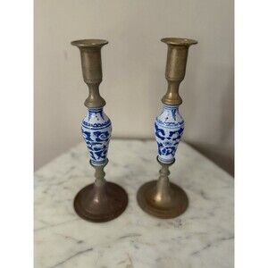 Vintage Delft Ceramic And Brass Candlestick Holder Set Of 2 Blue White Decor